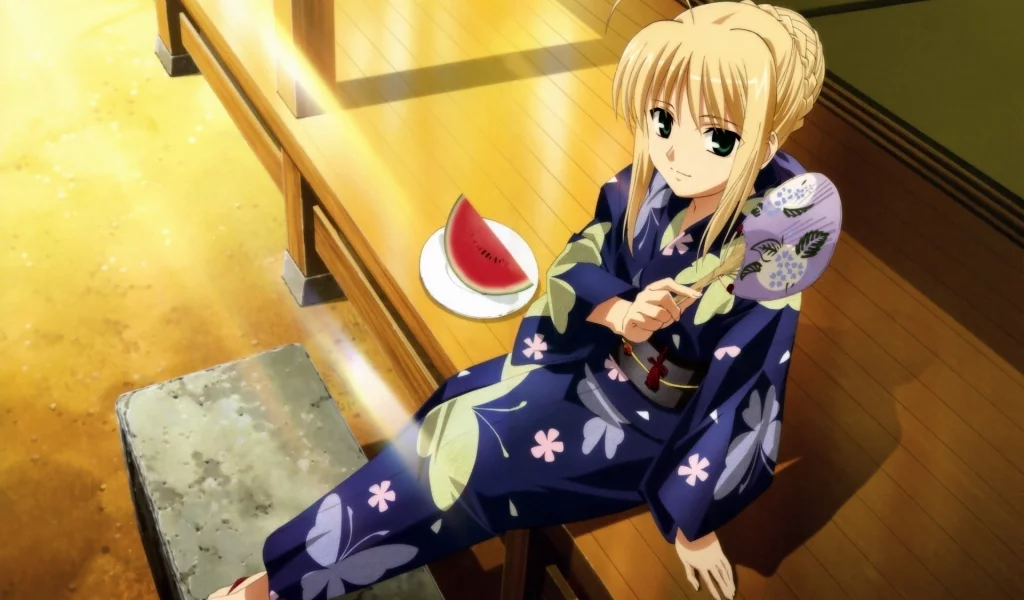 fate stay night, saber, арбуз, солнце, веер, кимоно
