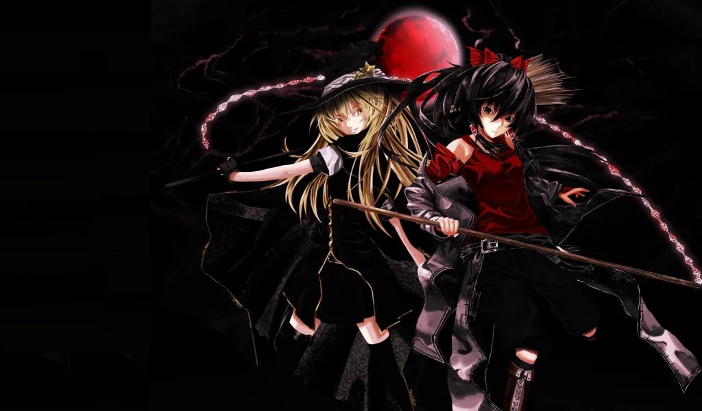 shiiku, даммаку, рэйму хакурэй, луна, мариса кирисамэ, touhou, hakurei reimu, игра, аниме, ночь, kirisame marisa