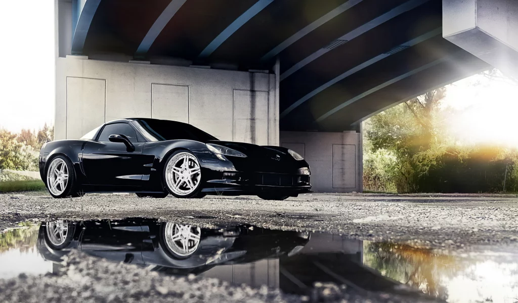 корвет, chevrolet, corvette, шевролет, отражение, черный, лужа