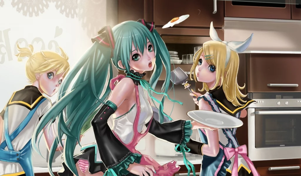 kagamine len, кухня, фартук, hatsune miku, vocaloid, готовка, kagamine rin, яичница