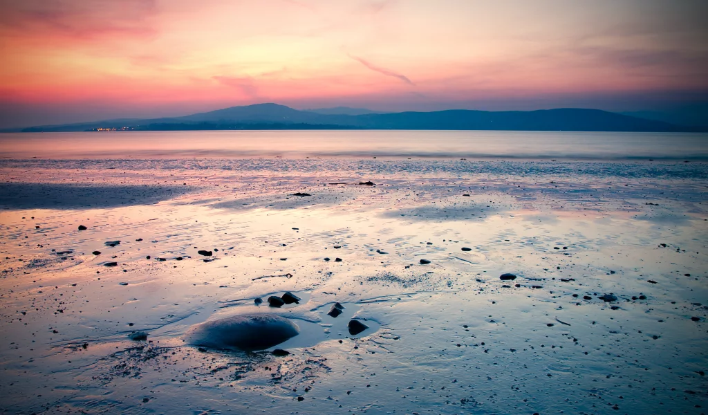 горы, wallpapers, песок, море, закат, берег, фон, горизонт, пейзаж