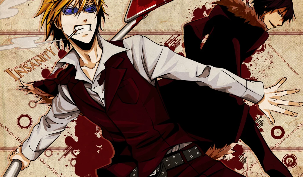 дорожный знак, ночь, сигарета, durarara, izaya orihara, очки, shizuo heiwajima