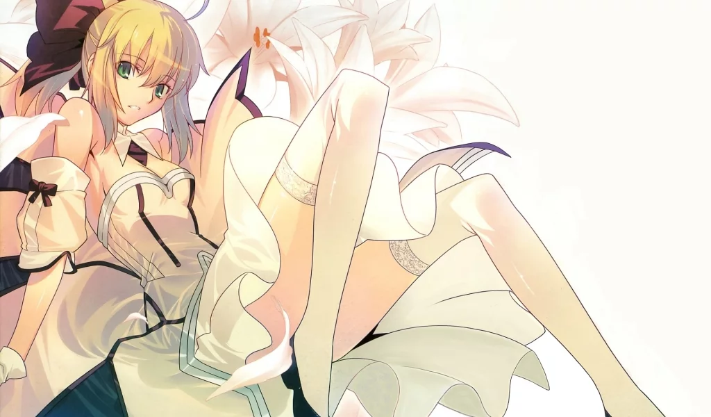 платье, лилии, fatestay night, девушка, saber, взгляд