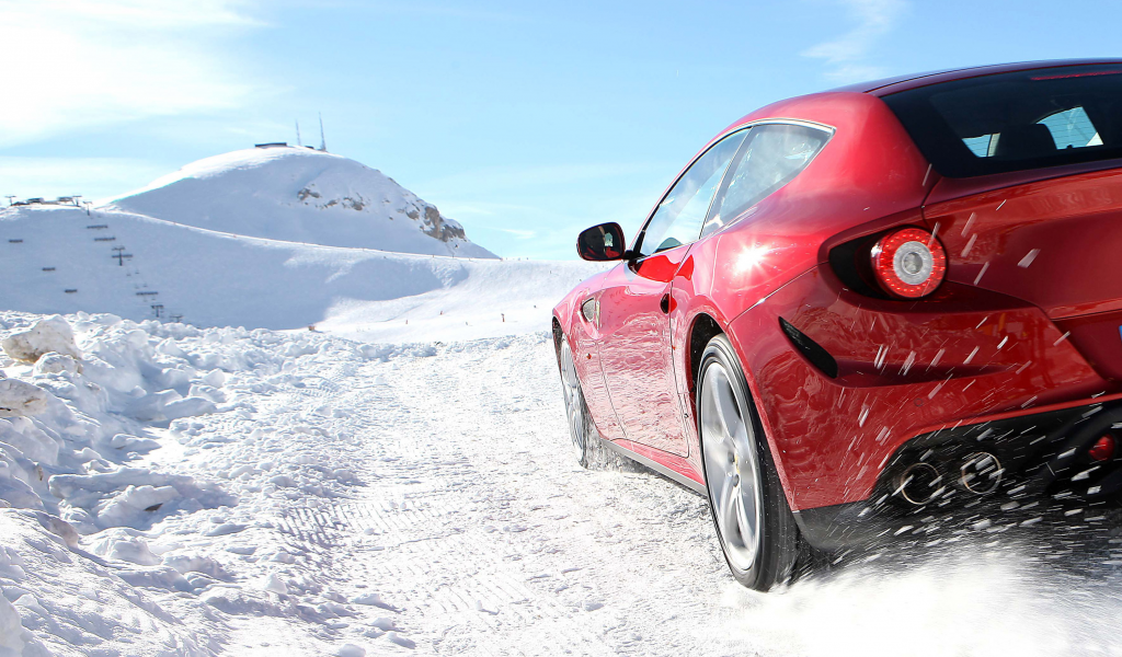 sky, snow, car, машина, дорога, ferrari ff, 3000x2000, снег, зима, winter, road, небо