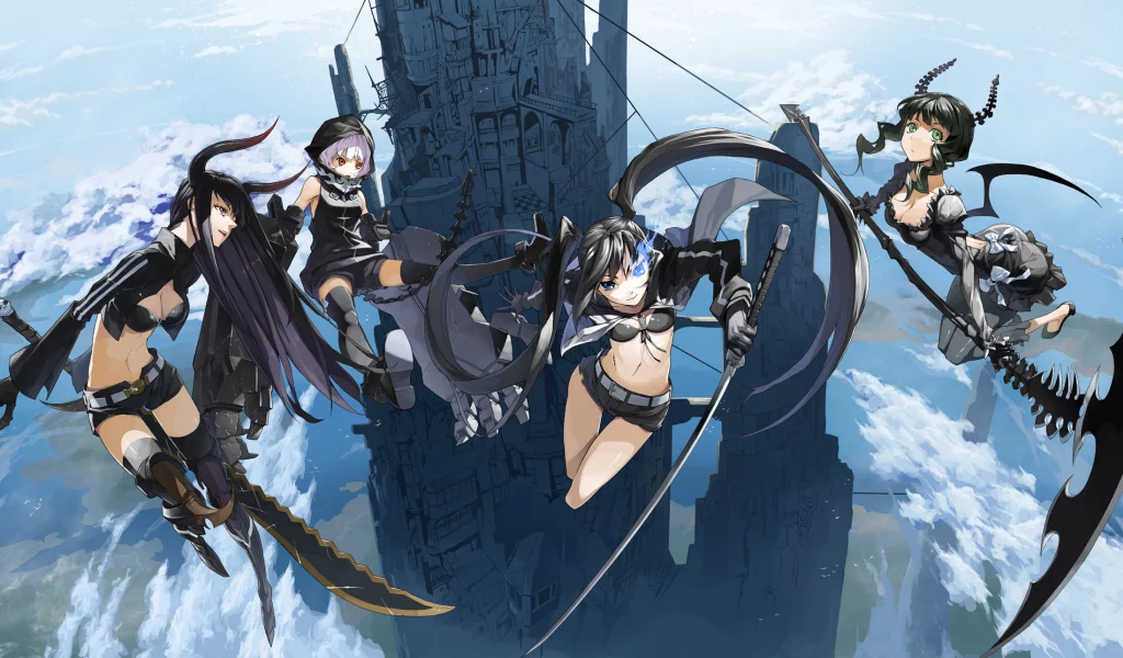 высота, девушки, меч, башня оружие, black rock shooter, kuroi mato, коса, takanashi yomi, в небе
