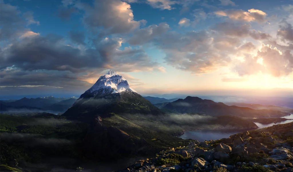 горы, утро, рендер, mountain morning