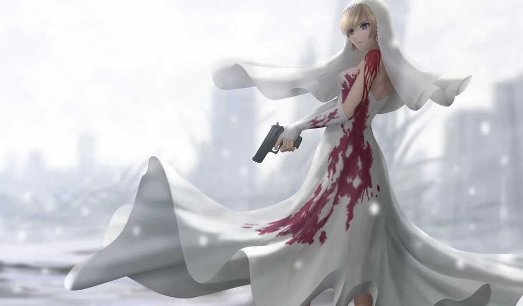 parasite eve, the 3rd birthday, пистолет, платье, свадебное, кровь, девушка, снег, aya brea