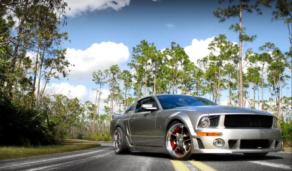 диски, небо, мустанг, серый, ford, mustang, форд, облака, деревья, дорога