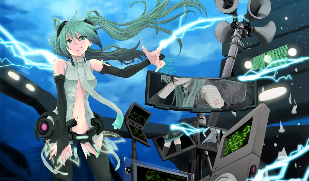 девушка, vocaloid, оборудование, мегафон, молния, hatsune miku, разряд