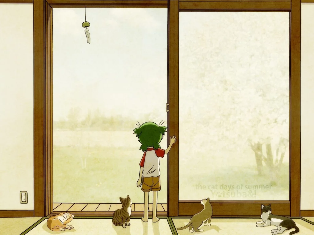 the cat days of summer, ребенок, кошки, yotsubato, дверь, девочка