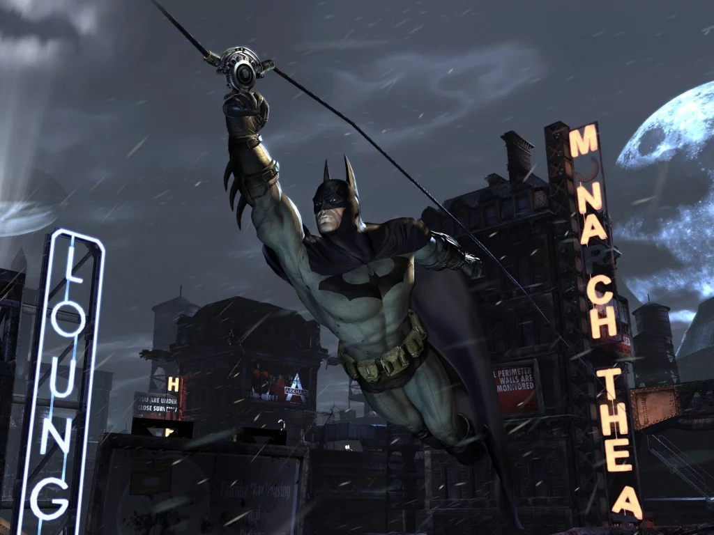 спешит, высота, трос, batman, ночь, город, archam, city