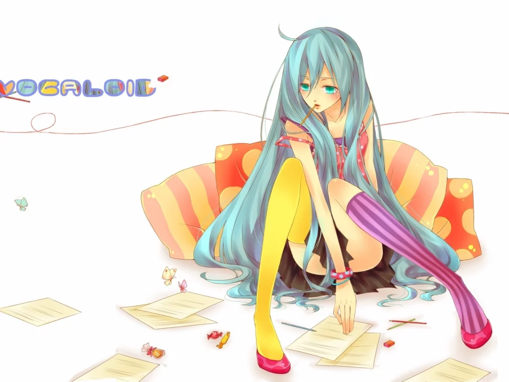 hatsune miku, девушка, бабочки, vocaloid, длинные волосы, конфеты, подушки, листы бумаги, карандаши
