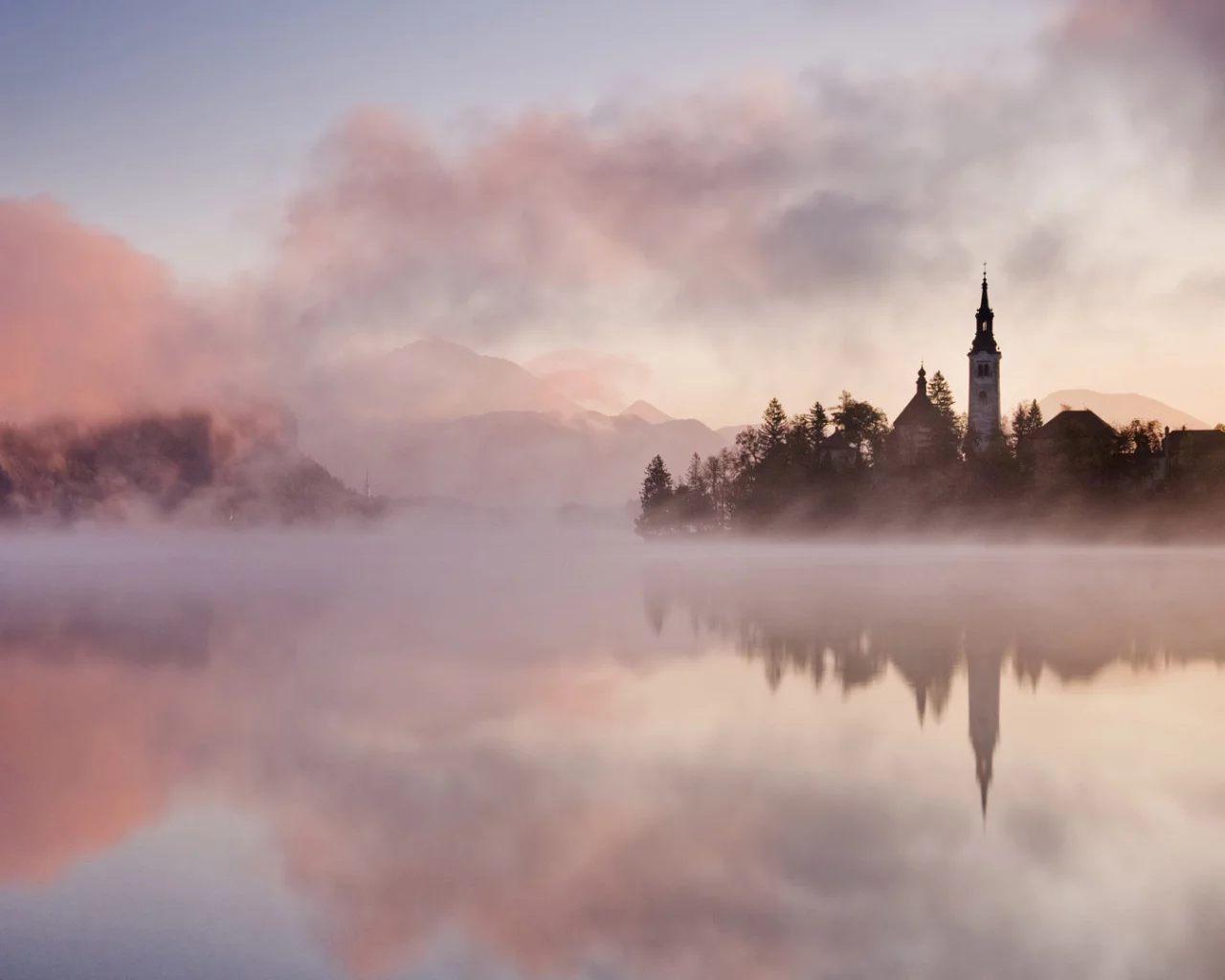 остров, деревья, река, landscape beautiful, туман