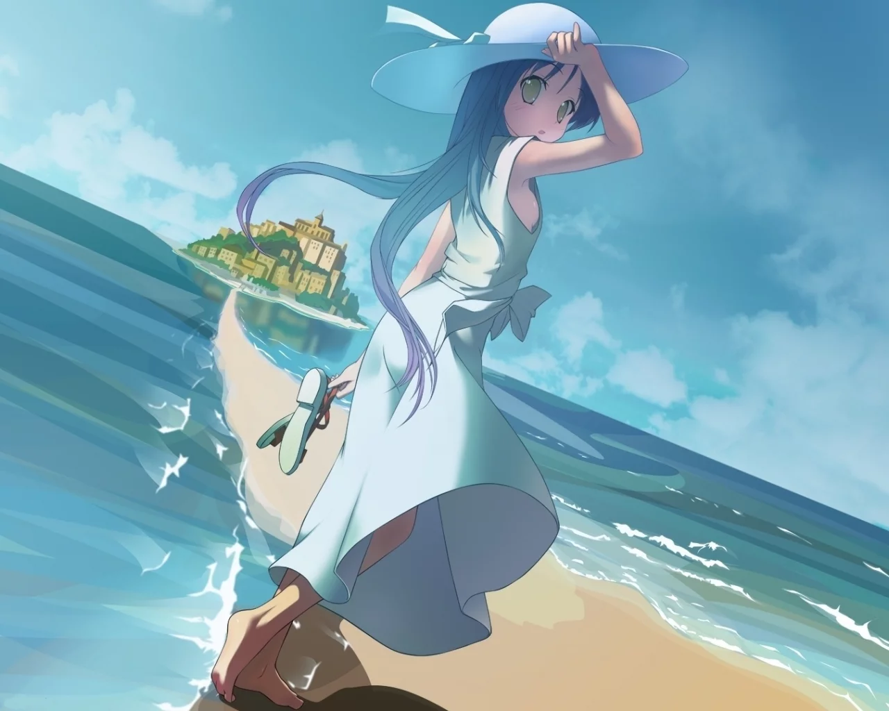 anime, пляж, город, шляпа, рисунок, горизонт, art, девочка, море, сандали, аниме