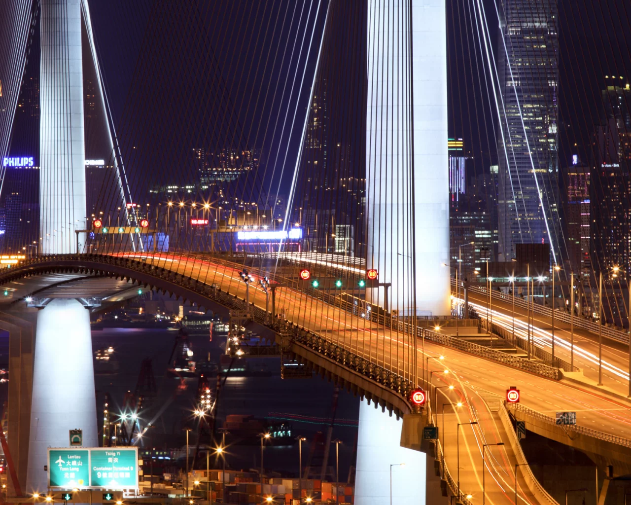 огни, hong kong, гонконг, stonecutter bridge, мост, ночь