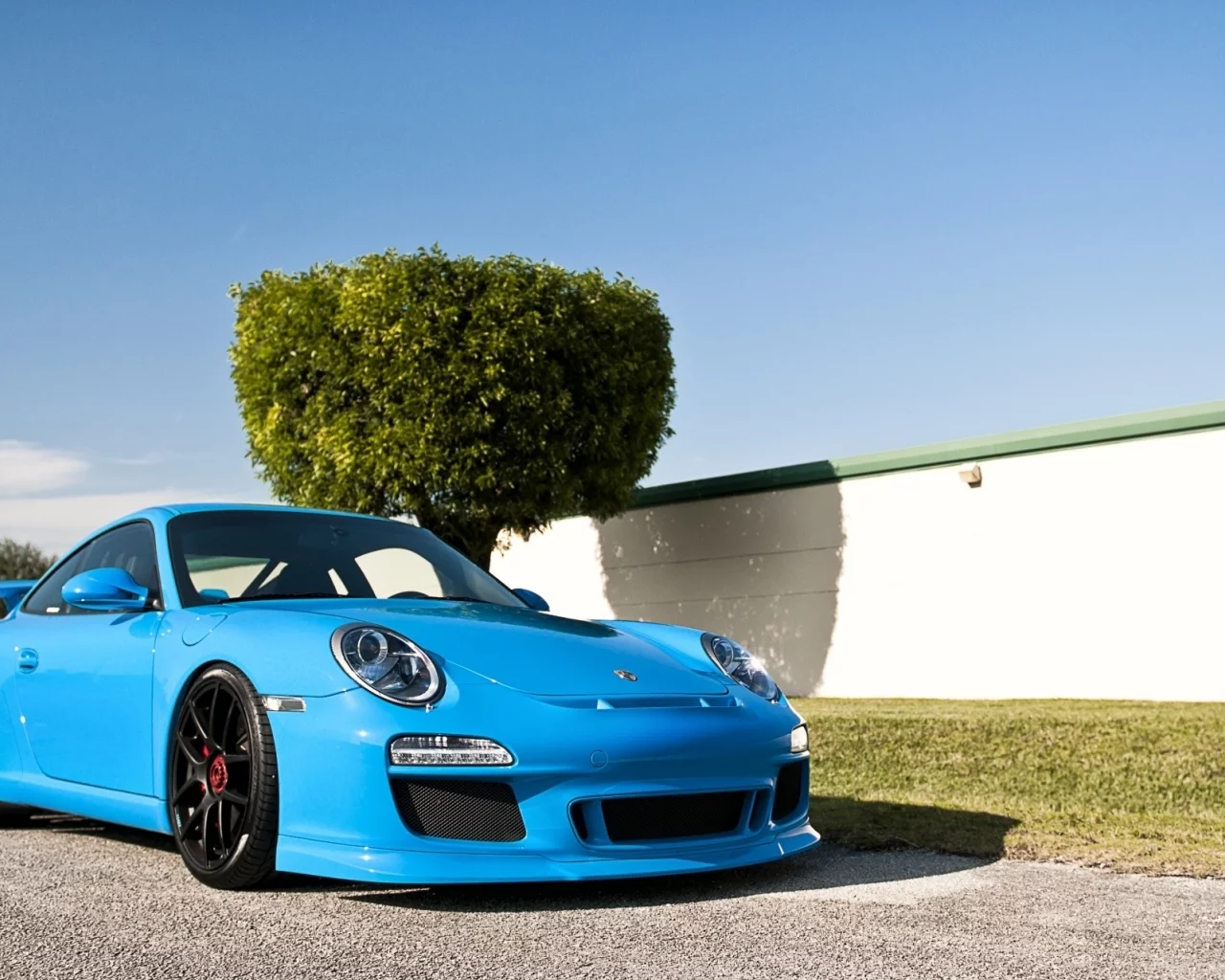 голубой, суперкар, небо, tuning, тюнинг, porsche, гт3, забор, 911, дерево, порше, вид сзади, gt3