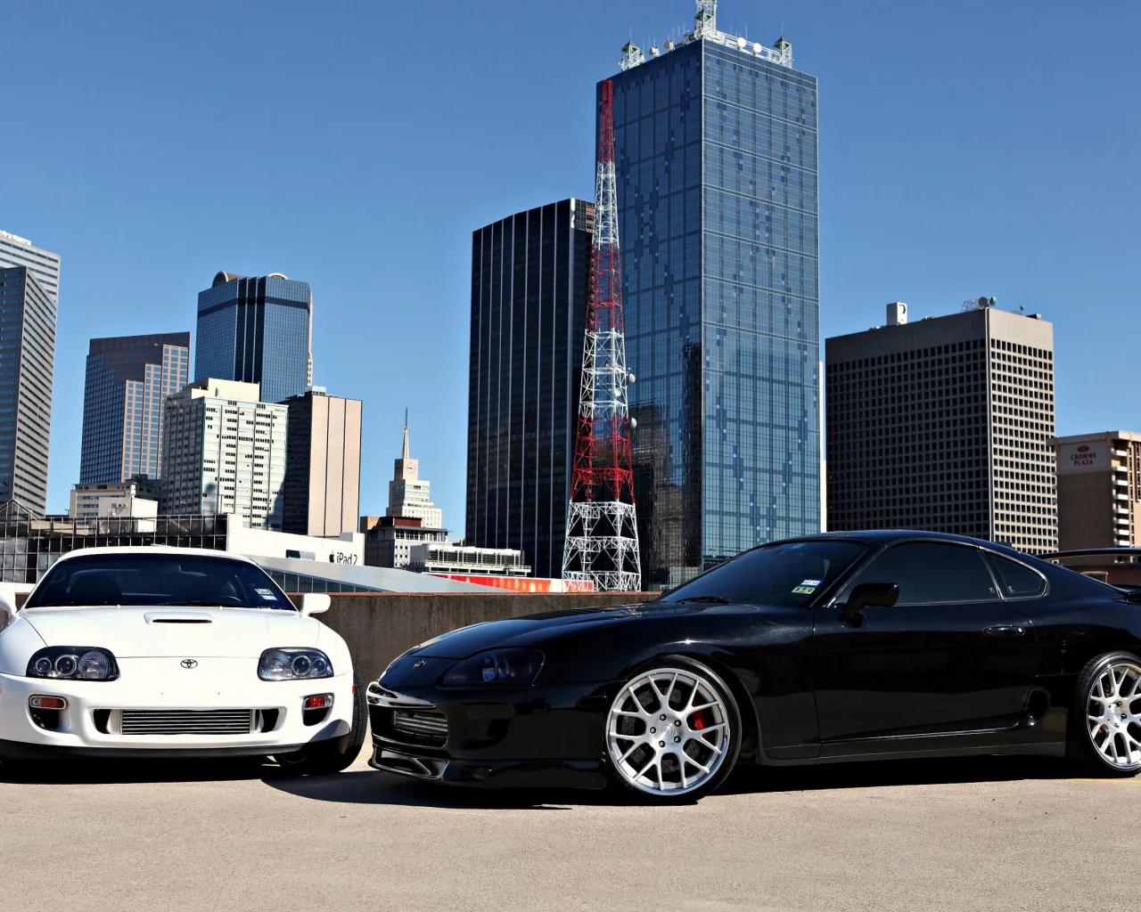 supra, мегаполис, black, белая, супра, чёрная, тойота, парковка, небоскрёбы, toyota, white