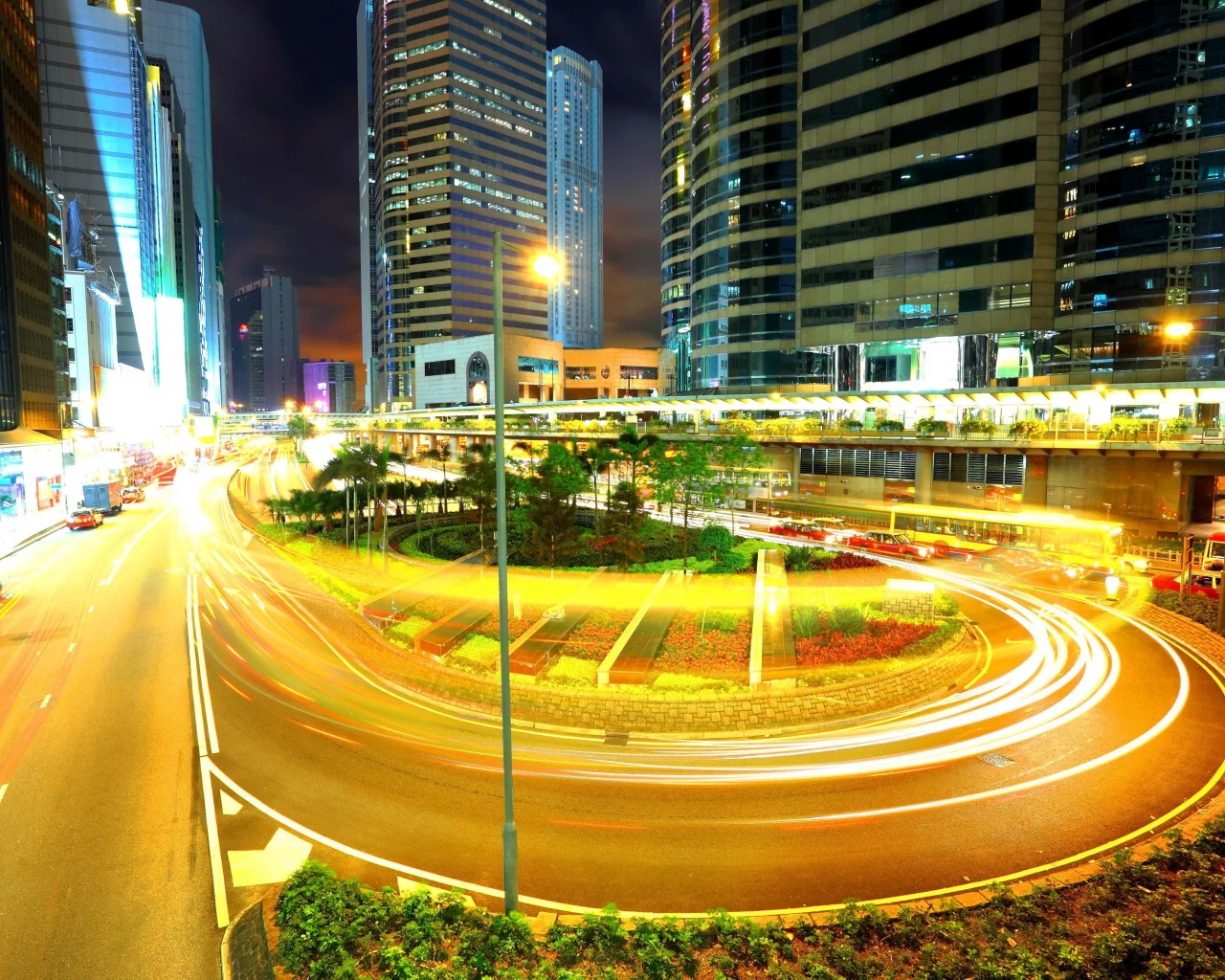 night city, cars, view, город, мегаполис, траффик, поворот, машины, движение, огни, здания, ночь