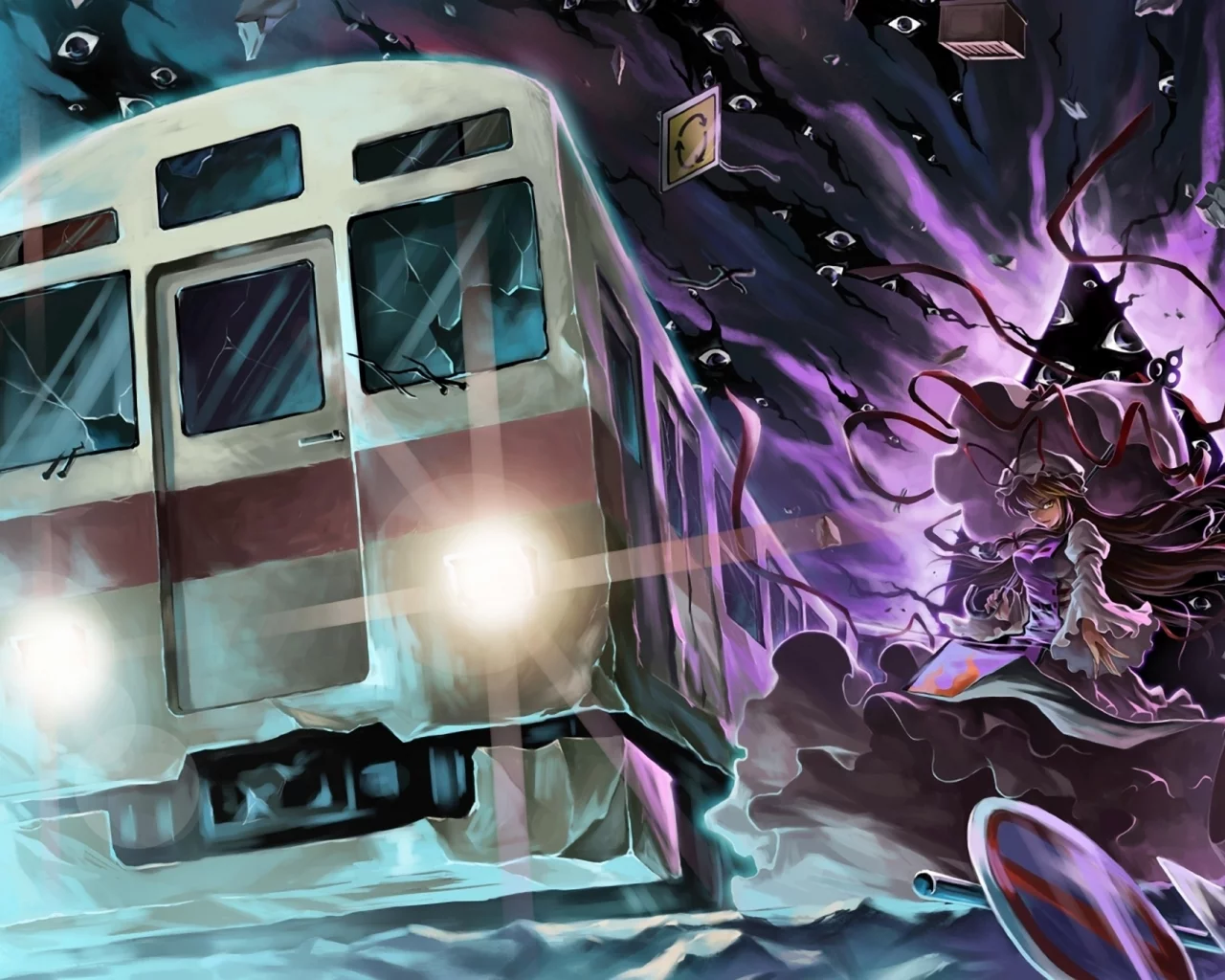 зонт, luko, разбитое стекло, арт, глаза, дорожный знак, yakumo yukari, поезд, touhou, девушка, портал