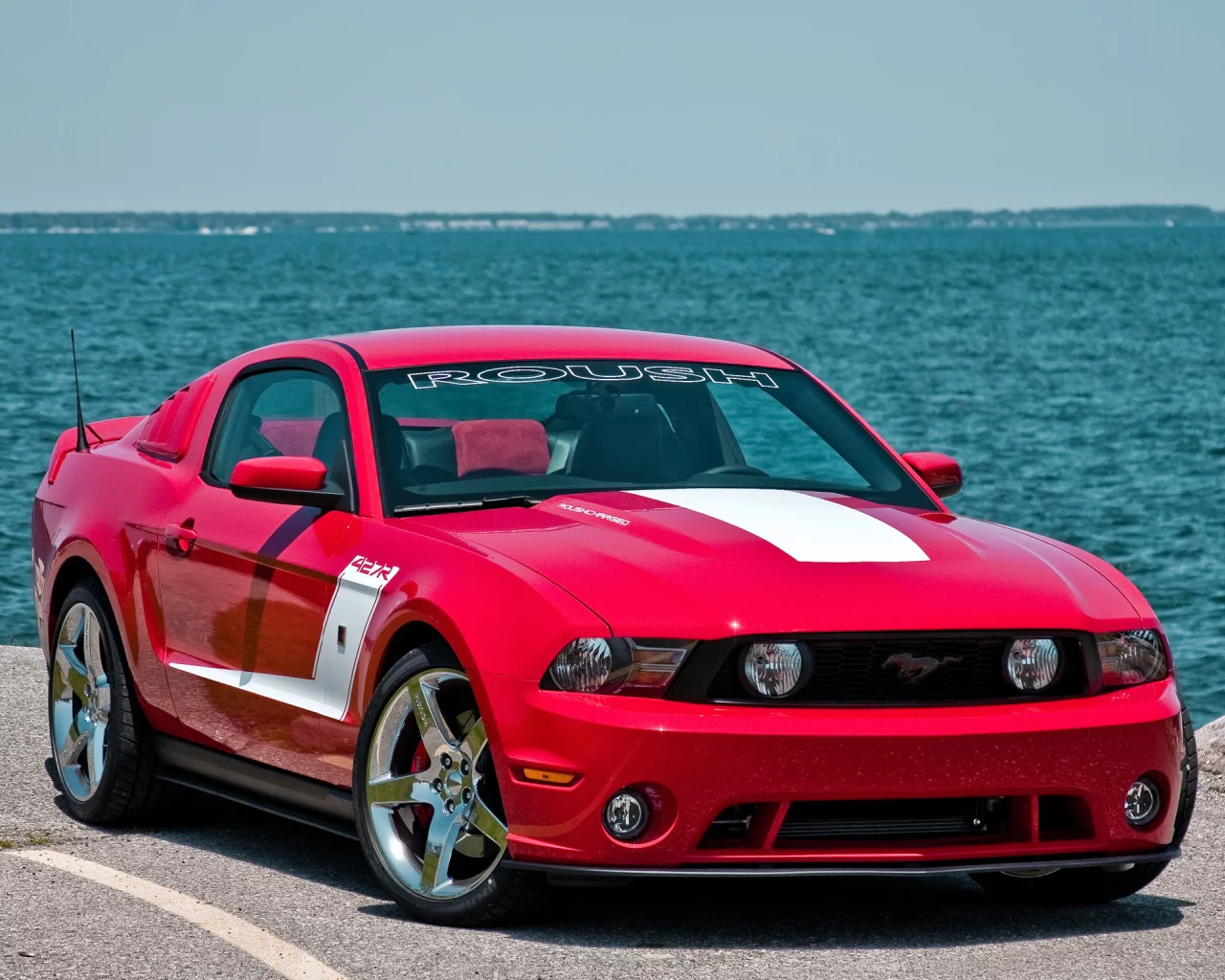 red, mustang, ford, 427r, roush, мускул кар, мустанг, muscle car, красный, море, форд