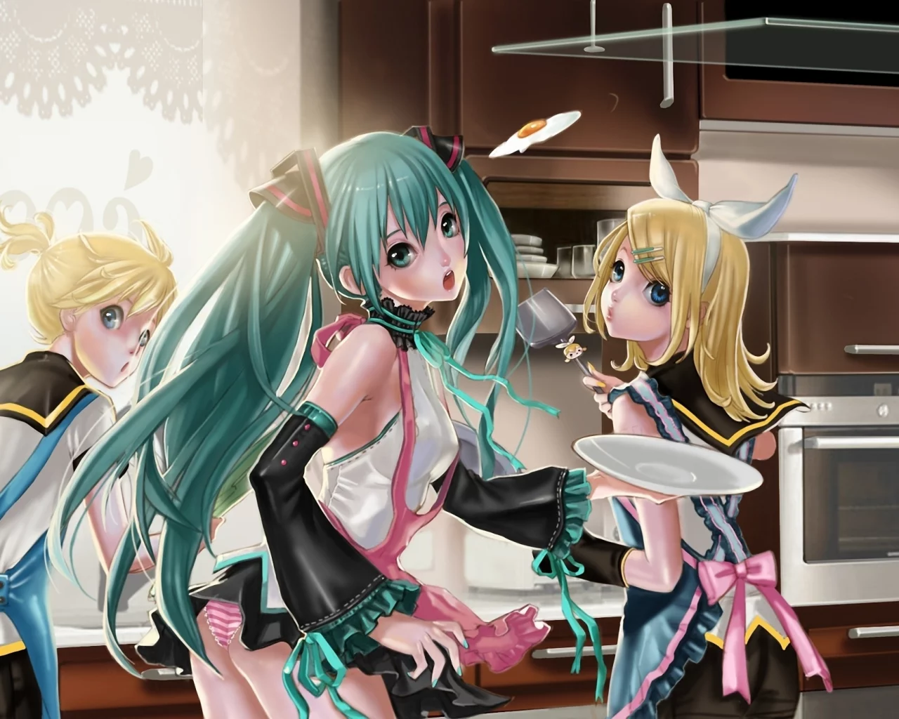 kagamine len, кухня, фартук, hatsune miku, vocaloid, готовка, kagamine rin, яичница
