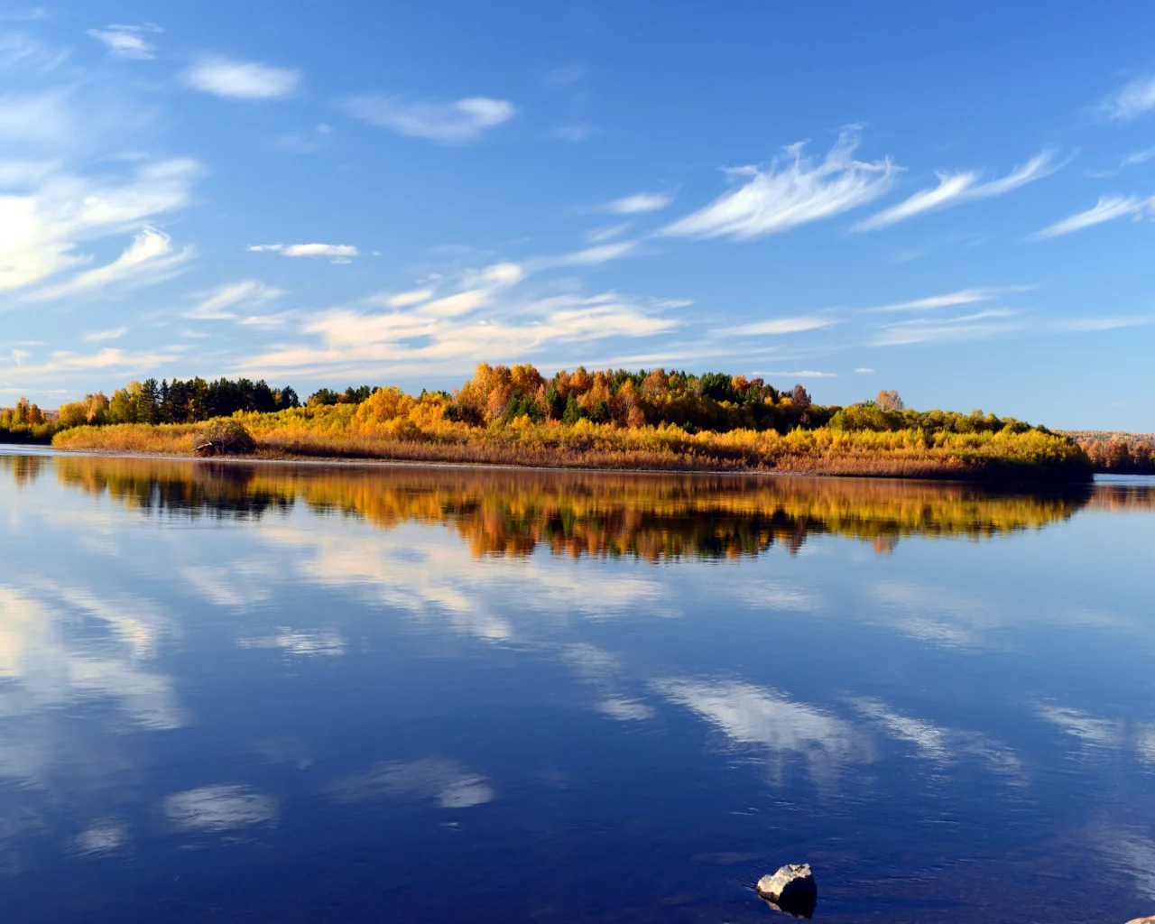 река, пейзаж, облака, отражение, вода, голубое, небо, осень