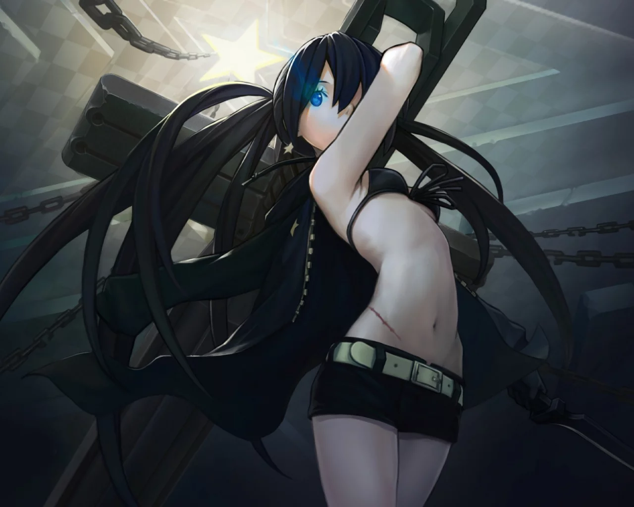 шрам, цепи, меч, плащ, black rock shooter, оружие