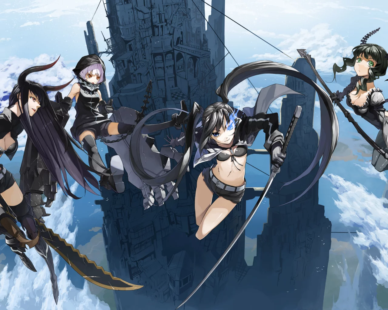высота, девушки, меч, башня оружие, black rock shooter, kuroi mato, коса, takanashi yomi, в небе
