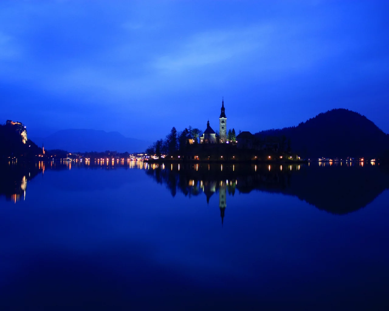ночь, lake bled, озеро, reflection, slovenia, словения, огни