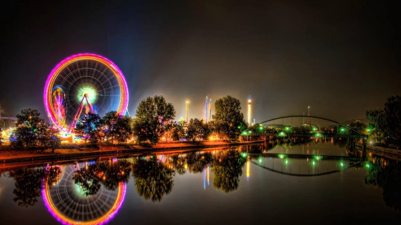 город, колесо обозрения, огни, ночь