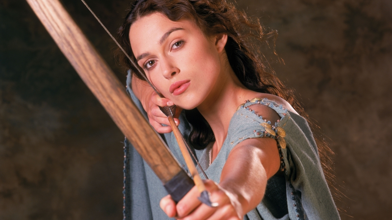 king arthur, лицо, волосы, тетива, стрела, keira knightley, девушка, фильм, красотка, лук, актриса, король артур, кира найтли