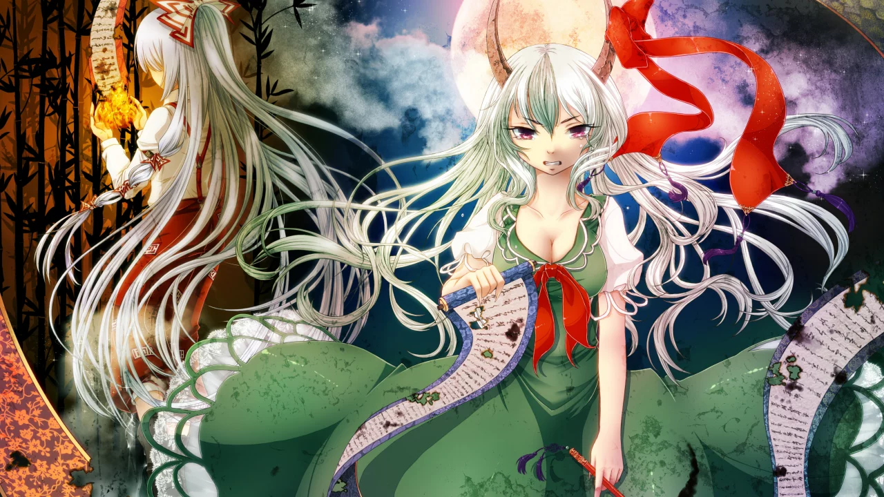 дыры, бамбук, арт, луна, огонь, touhou, geike, бант, kamishirasawa keine, кисть, свиток, девушки, слезы, рога, fujiwara no mokou