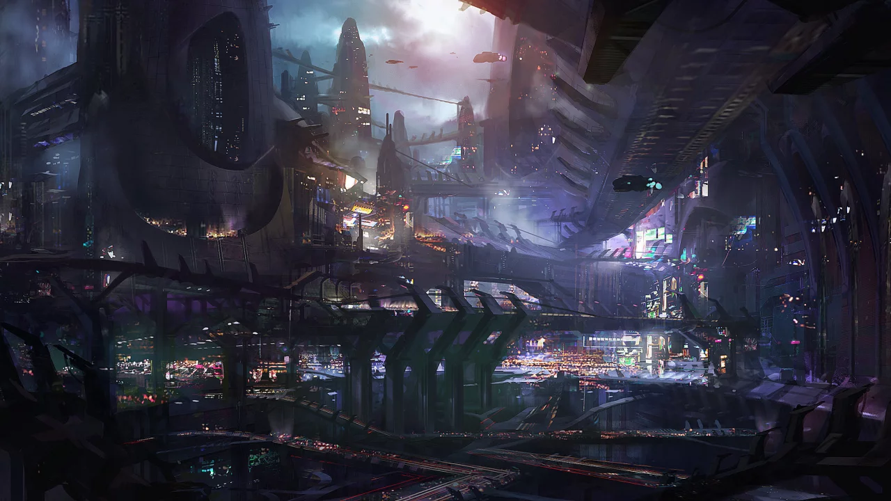 корабли, огни, concept art, транспорт, город, мегаполис, ночь, prey 2