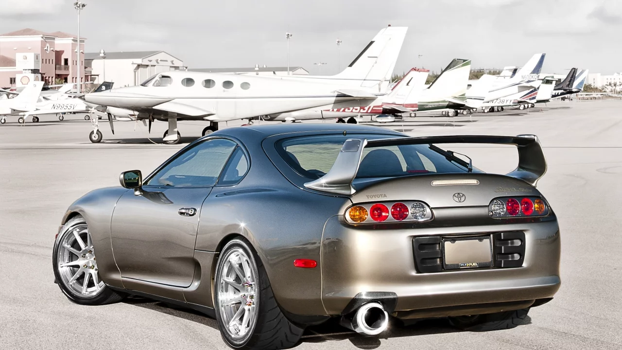 серая, тоёта, небо, supra, самолёты, супра, аэродром, toyota