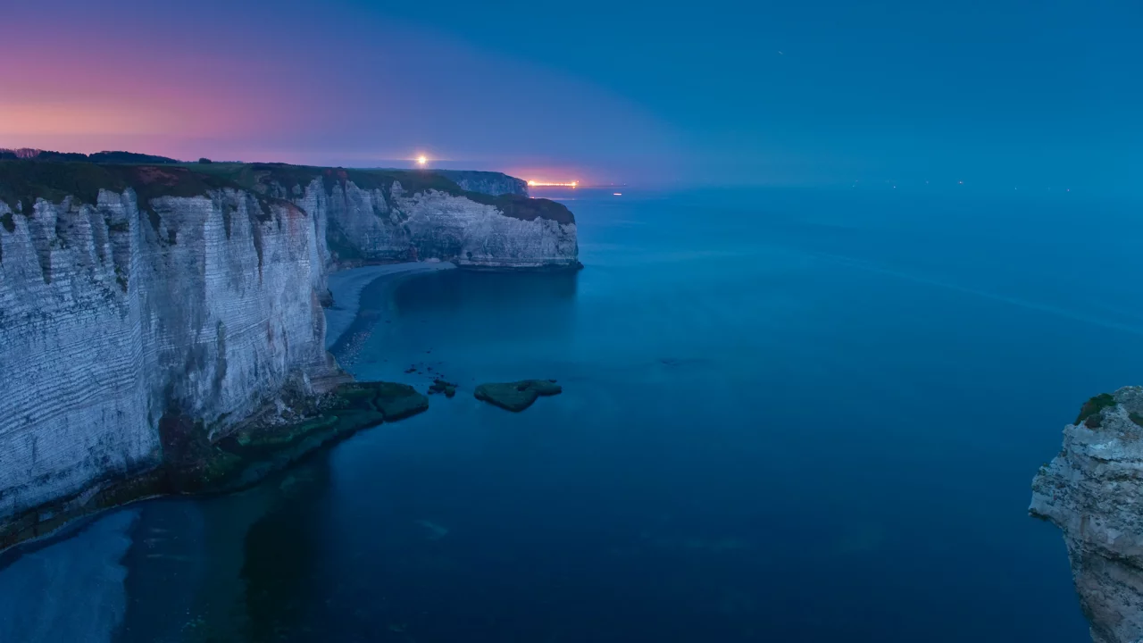скалы, море, вечер, огни