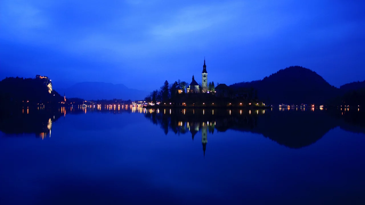 ночь, lake bled, озеро, reflection, slovenia, словения, огни