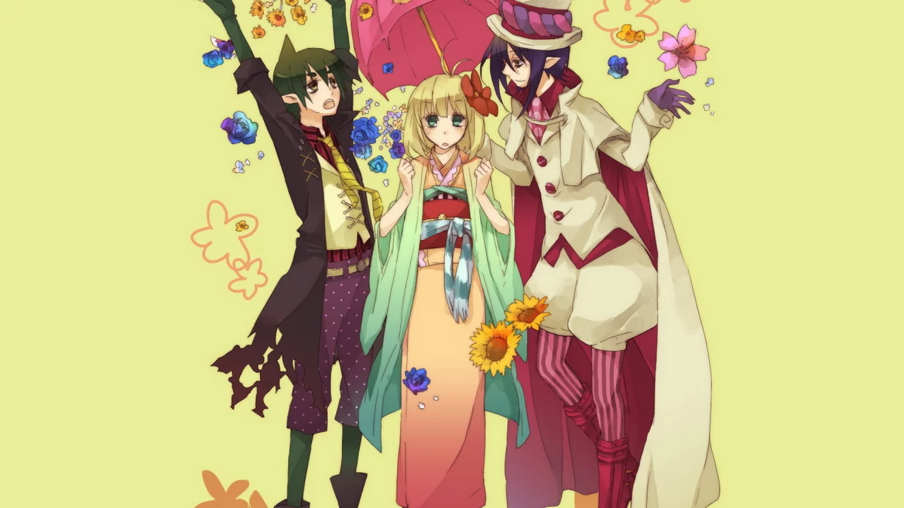 трое, зонтик, синий экзорцист, цветы, ao no exorcist, кимоно