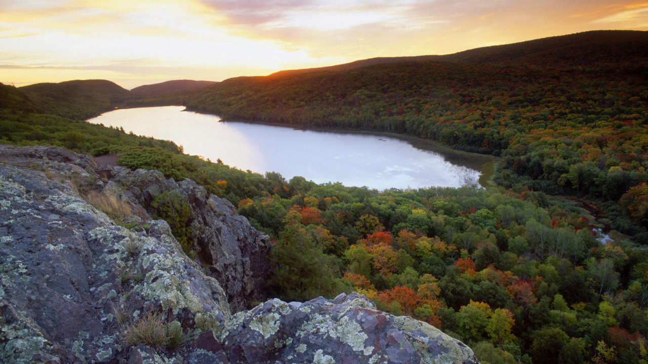 скала, камень, кустарники, горизонт, озеро, речка, lake, закат