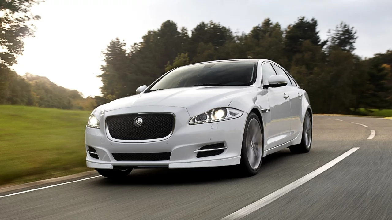 седан, небо, иксджей, передок, дорога, лес, xj, jaguar, белый, ягуар