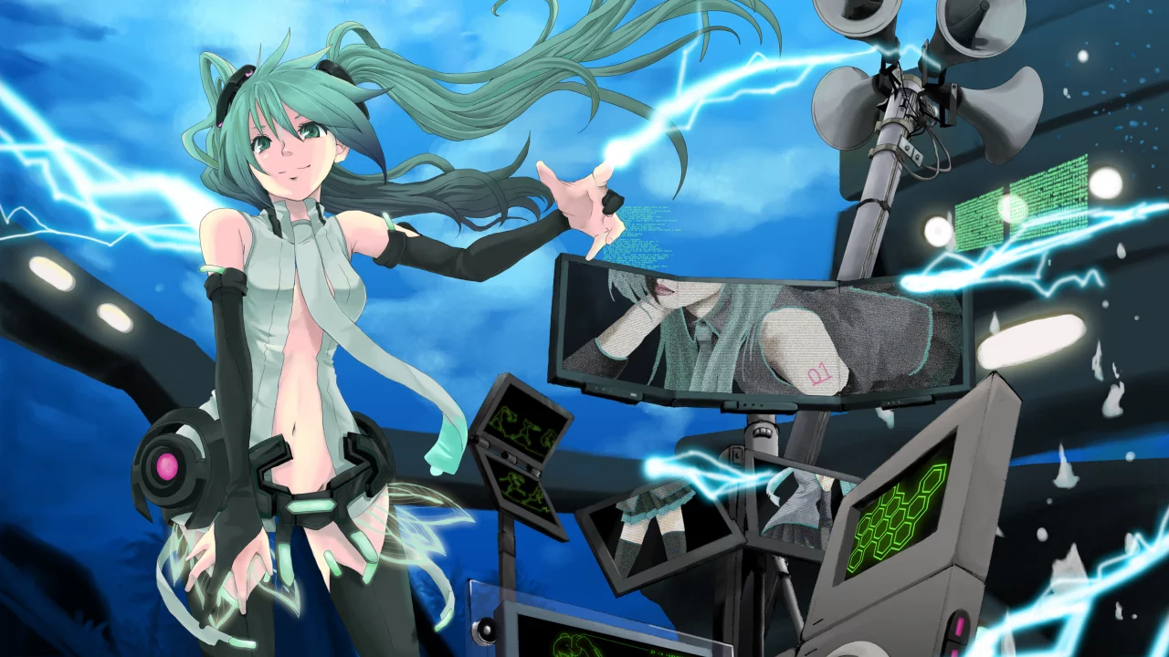 девушка, vocaloid, оборудование, мегафон, молния, hatsune miku, разряд