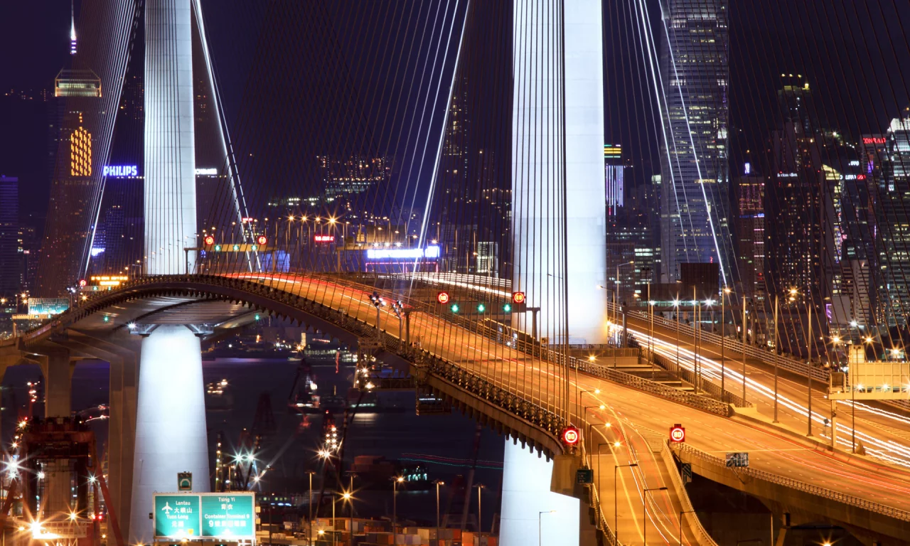 огни, hong kong, гонконг, stonecutter bridge, мост, ночь