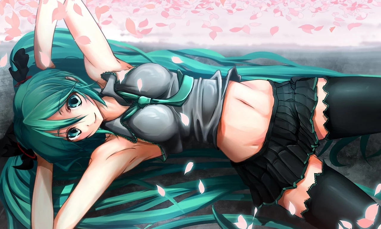 hatsune miku, лежит, девушка, вокалоид, зеленые волосы, юбка, чулки