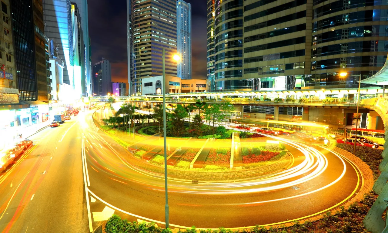 night city, cars, view, город, мегаполис, траффик, поворот, машины, движение, огни, здания, ночь