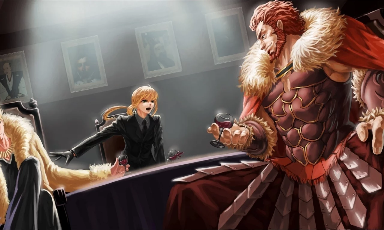 парни, fatezero, комната, saber, бокал, эмоции, стол, вино, девушка
