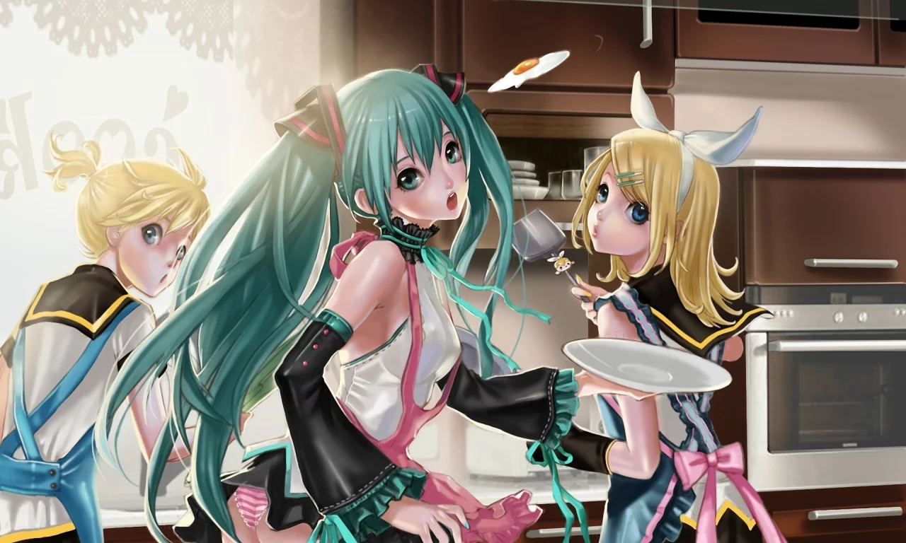 kagamine len, кухня, фартук, hatsune miku, vocaloid, готовка, kagamine rin, яичница