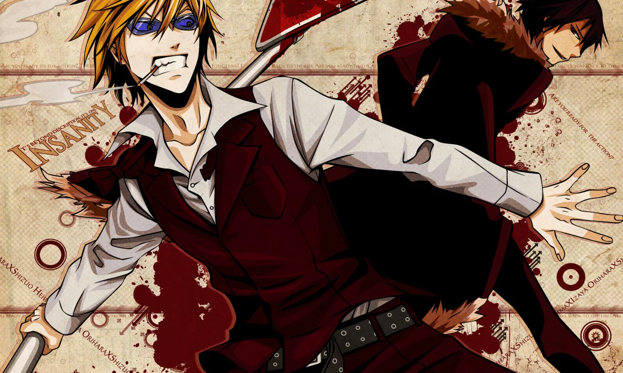дорожный знак, ночь, сигарета, durarara, izaya orihara, очки, shizuo heiwajima