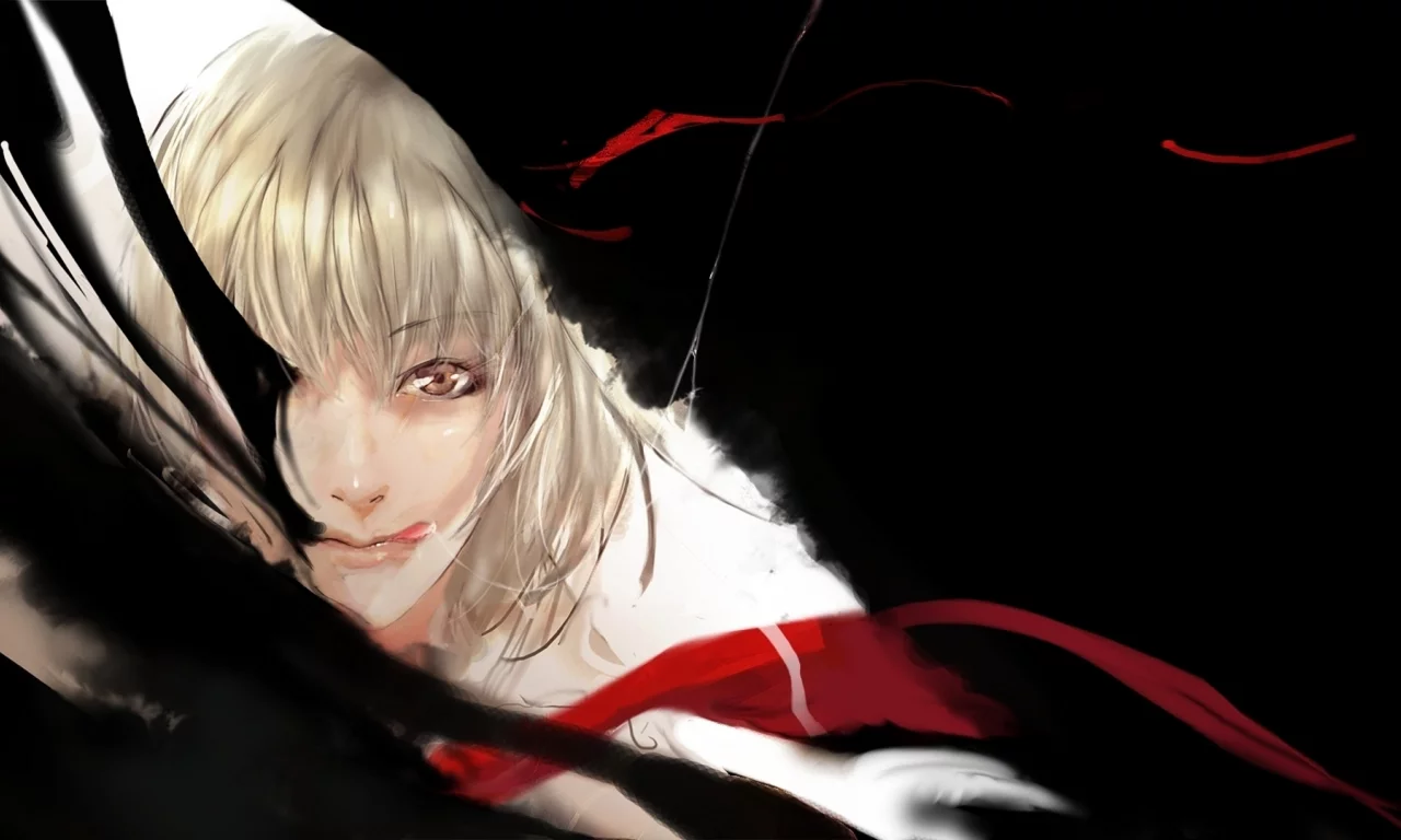 touhou, девушка, лента, rumia, рисунок, черное, язык