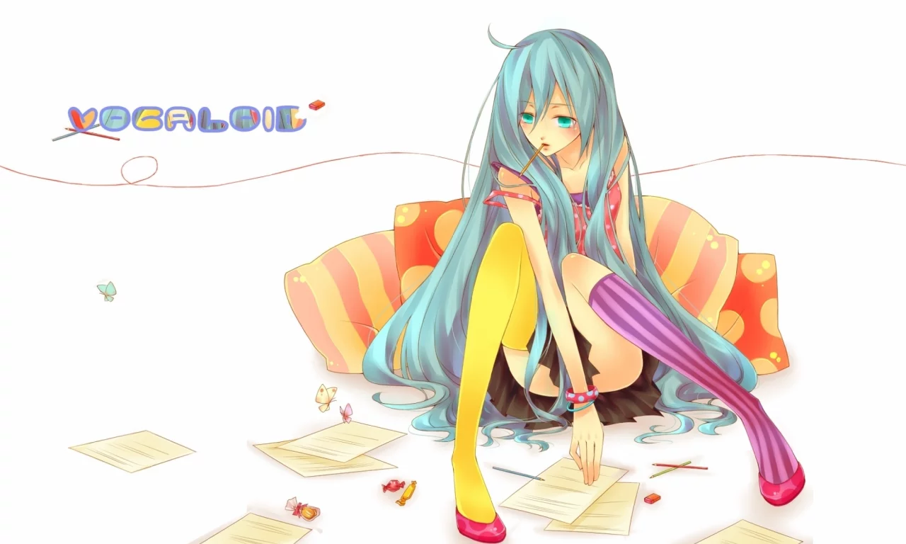 hatsune miku, девушка, бабочки, vocaloid, длинные волосы, конфеты, подушки, листы бумаги, карандаши