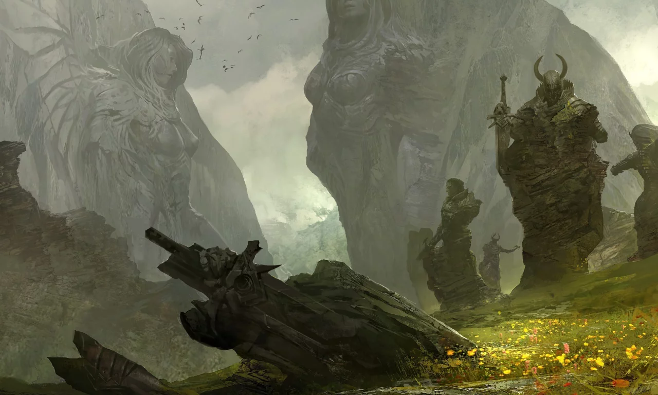 трава, воины, guild wars 2, статуи, горы