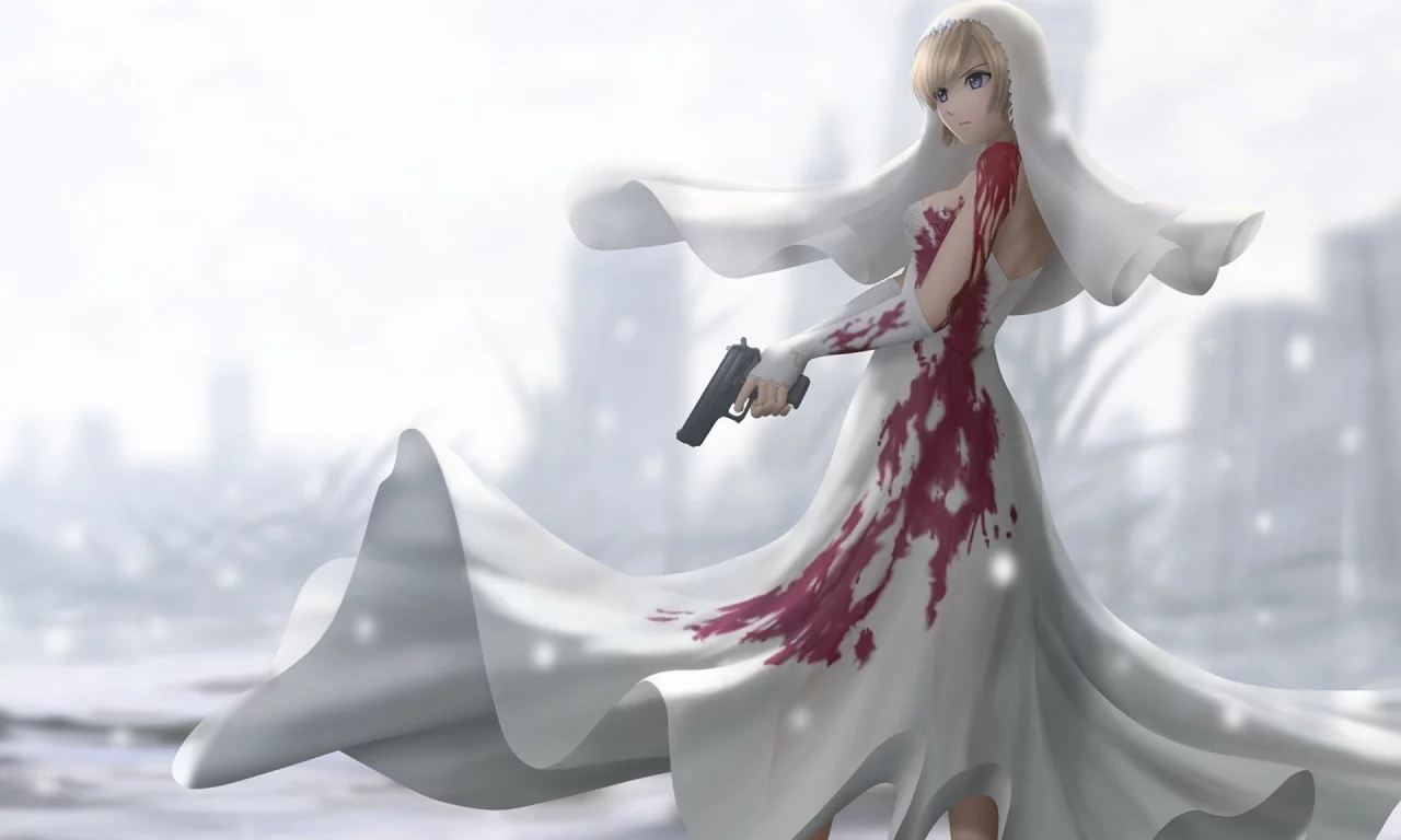 parasite eve, the 3rd birthday, пистолет, платье, свадебное, кровь, девушка, снег, aya brea